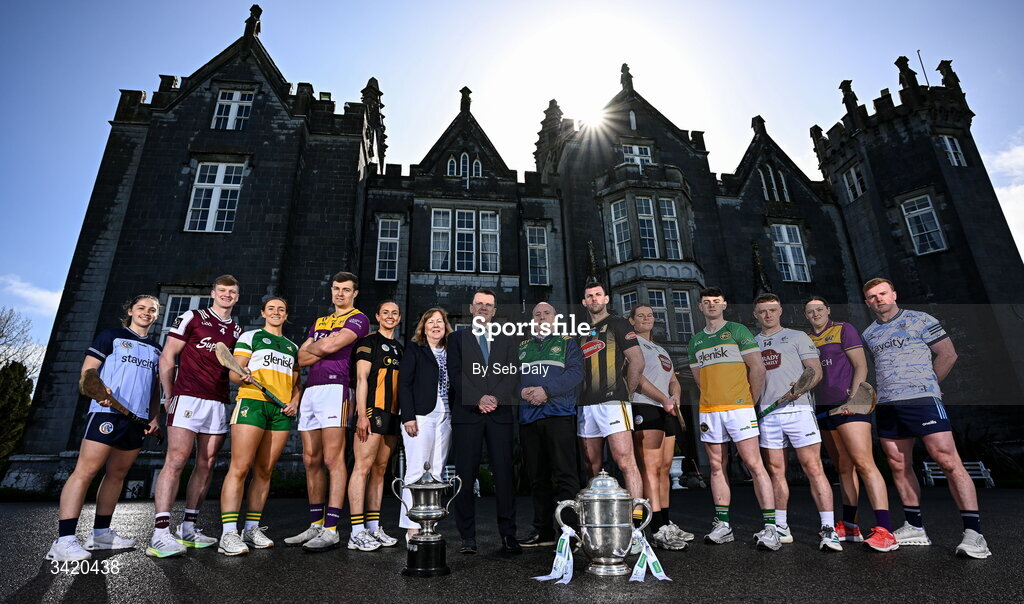 9 April 2026; In attendance are, from left, Aisling O'Neill of Dublin, Darren Morrissey of Galway, Amy Byrne of Offaly, Jack O'Connor of Wexford, Caoimhe Dowling of Kilkenny, Uachtarán Tofa an Chumainn Camógaíochta Ailish Whitty, Leinster GAA treasurer Dermot Howlin, Leinster Camogie vice chair John Weir, Eoin Cody of Kilkenny, Roisin Roche of Kildare, Charlie Mitchell of Offaly, Muiris Curtin of Kildare, Keeva Steadmond of Wexford, and Conor McHugh of Dublin, at the launch of the 2026 Leinster GAA Senior Hurling and Camogie Championships, at The Kinnitty Castle Hotel in Kinnitty, Offaly. Photo by Seb Daly/Sportsfile
