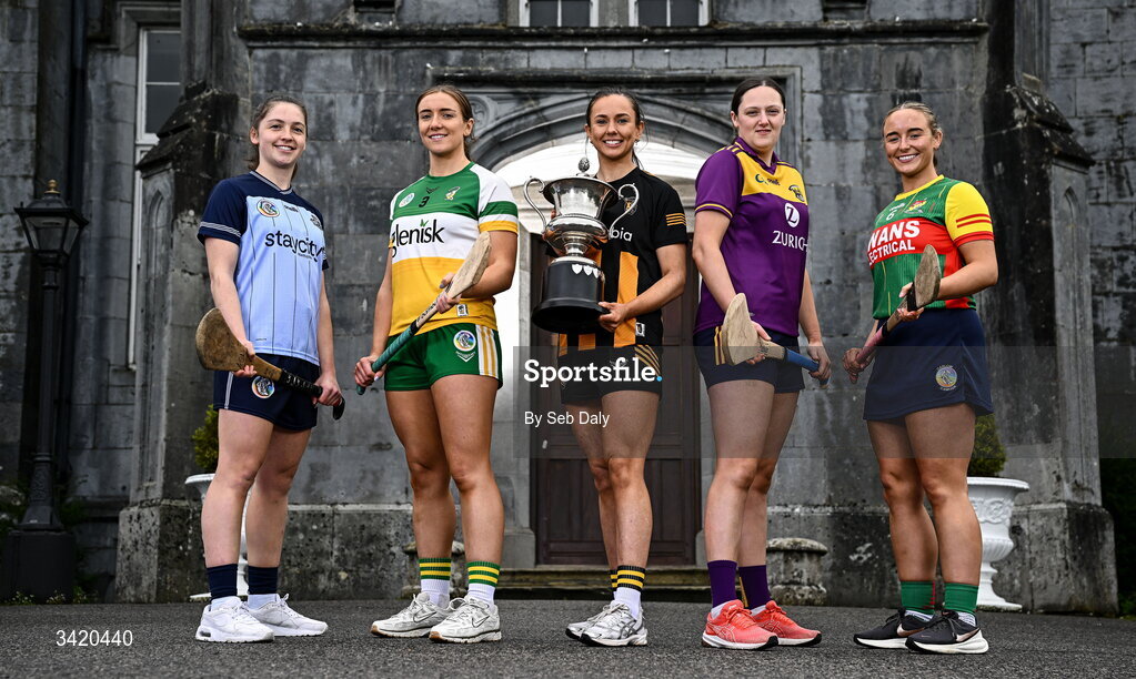 9 April 2026; Camogie players, from left, Aisling O'Neill of Dublin, Amy Byrne of Offaly, Caoimhe Dowling of Kilkenny, Keeva Steadmond of Wexford, and Rachel Breen of Carlow, pictured at the launch of the 2026 Leinster GAA Senior Camogie Championship, at The Kinnitty Castle Hotel in Kinnitty, Offaly. Photo by Seb Daly/Sportsfile