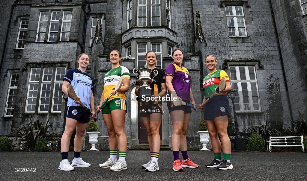 9 April 2026; Camogie players, from left, Aisling O'Neill of Dublin, Amy Byrne of Offaly, Caoimhe Dowling of Kilkenny, Keeva Steadmond of Wexford, and Rachel Breen of Carlow, pictured at the launch of the 2026 Leinster GAA Senior Camogie Championship, at The Kinnitty Castle Hotel in Kinnitty, Offaly. Photo by Seb Daly/Sportsfile