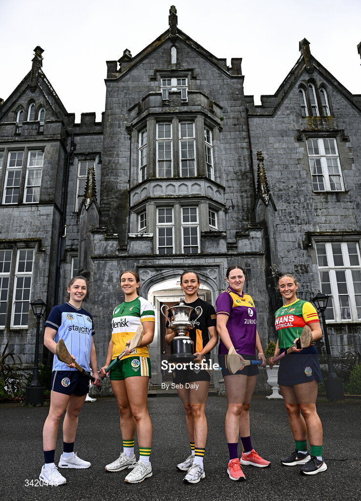 9 April 2026; Camogie players, from left, Aisling O'Neill of Dublin, Amy Byrne of Offaly, Caoimhe Dowling of Kilkenny, Keeva Steadmond of Wexford, and Rachel Breen of Carlow, pictured at the launch of the 2026 Leinster GAA Senior Camogie Championship, at The Kinnitty Castle Hotel in Kinnitty, Offaly. Photo by Seb Daly/Sportsfile