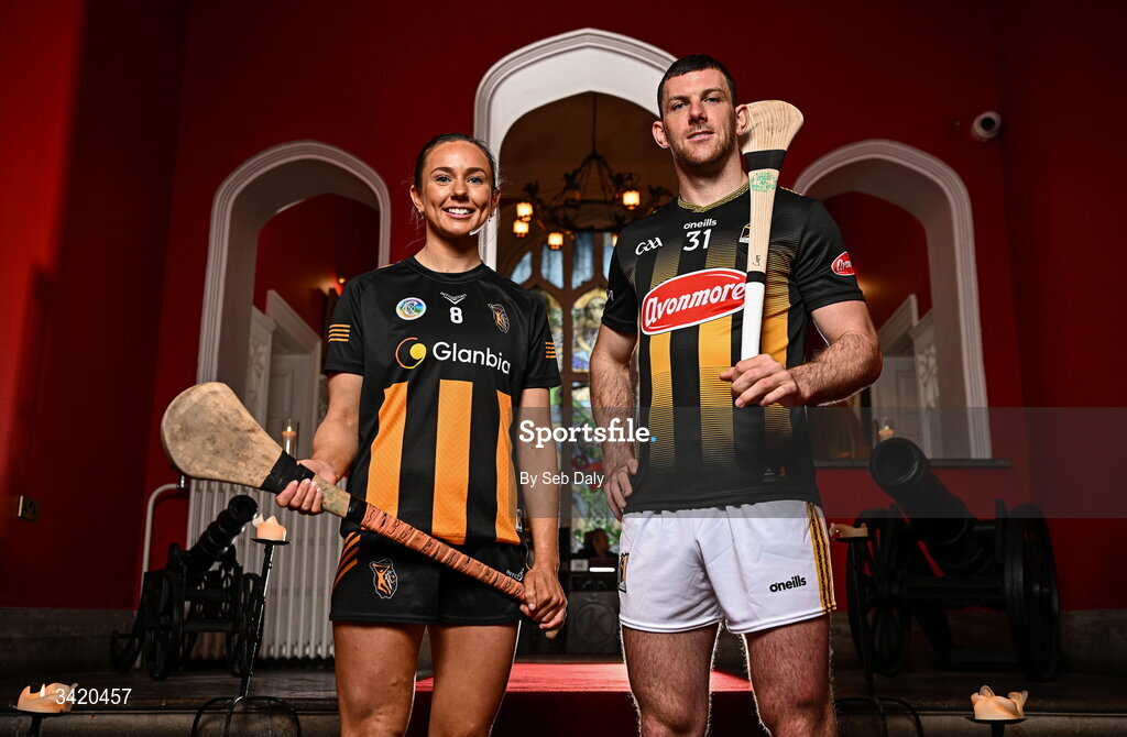9 April 2026; Caoimhe Dowling and Eoin Cody of Kilkenny pictured at the launch of the 2026 Leinster GAA Senior Hurling and Camogie Championships, at The Kinnitty Castle Hotel in Kinnitty, Offaly. Photo by Seb Daly/Sportsfile
