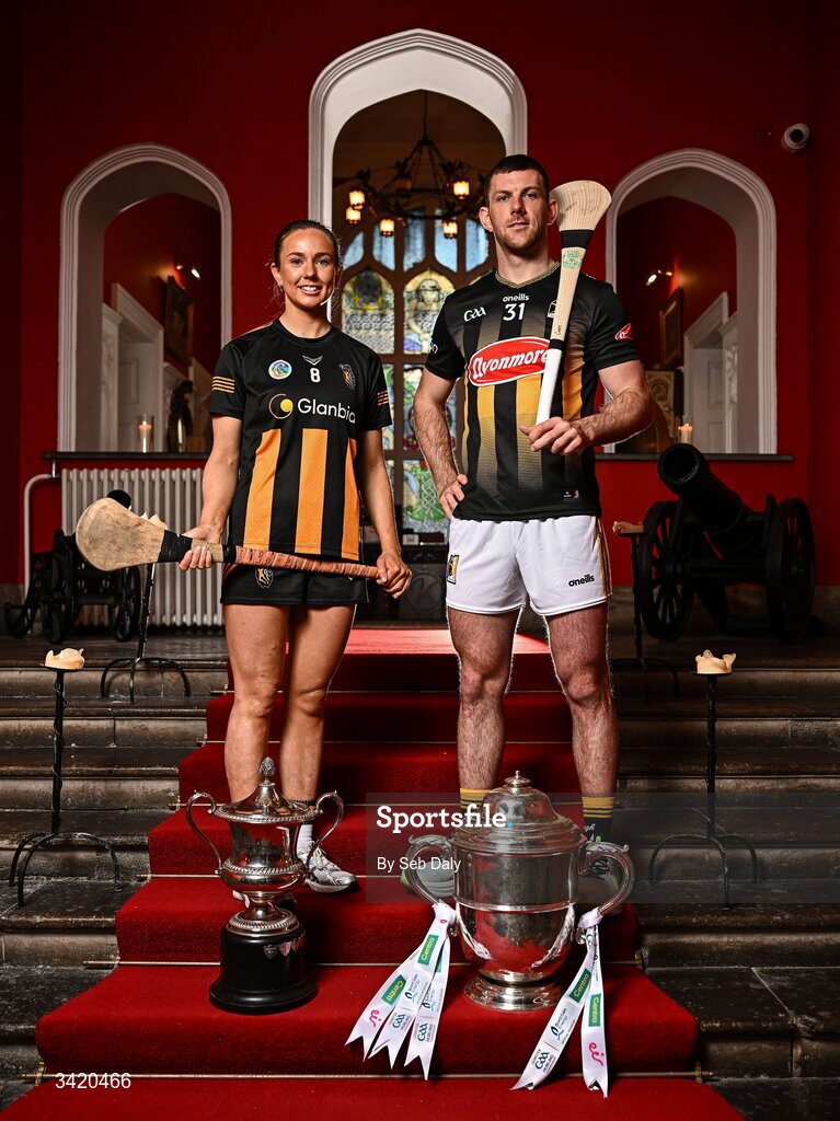 9 April 2026; Caoimhe Dowling and Eoin Cody of Kilkenny pictured at the launch of the 2026 Leinster GAA Senior Hurling and Camogie Championships, at The Kinnitty Castle Hotel in Kinnitty, Offaly. Photo by Seb Daly/Sportsfile