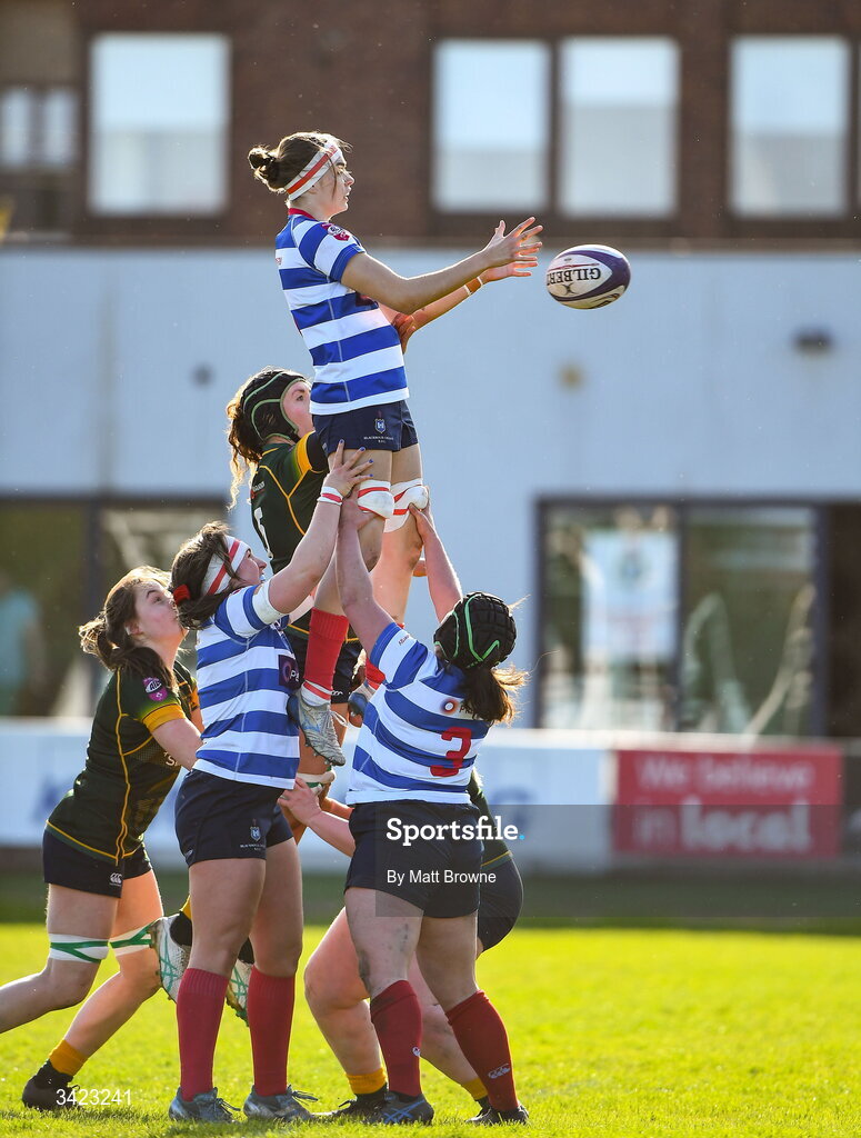 11 April 2026; Clíodhna Ní Chonchobhair of Blackrock College takes the ball in the lineout against Railway Union during the Energia Women's All-Ireland League semi-final match between Blackrock College and Railway Union at Stradbrook Road in Dublin. Photo by Matt Browne/Sportsfile