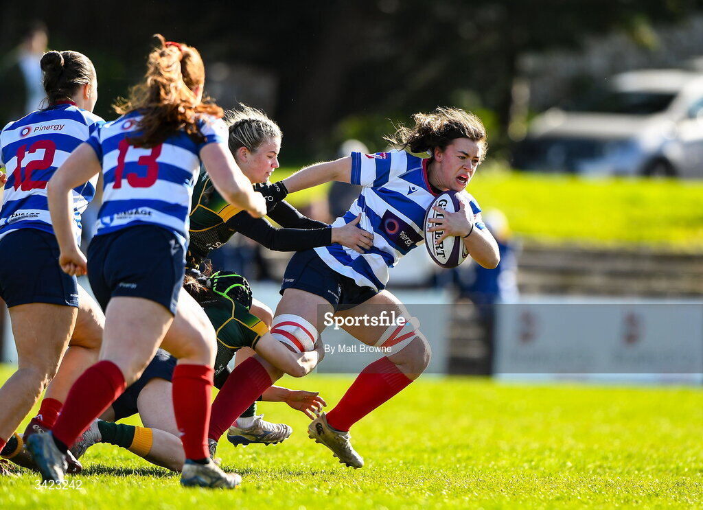 11 April 2026; Maeve Óg O'Leary of Blackrock College in action against Railway Union during the Energia Women's All-Ireland League semi-final match between Blackrock College and Railway Union at Stradbrook Road in Dublin. Photo by Matt Browne/Sportsfile