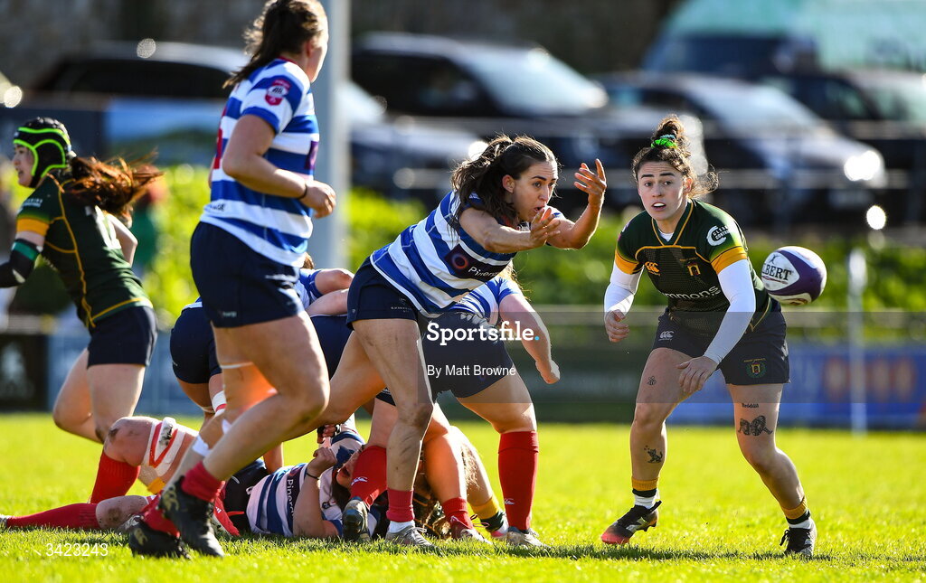 11 April 2026; Lauren Farrell McCabe of Blackrock College in action against Railway Union during the Energia Women's All-Ireland League semi-final match between Blackrock College and Railway Union at Stradbrook Road in Dublin. Photo by Matt Browne/Sportsfile