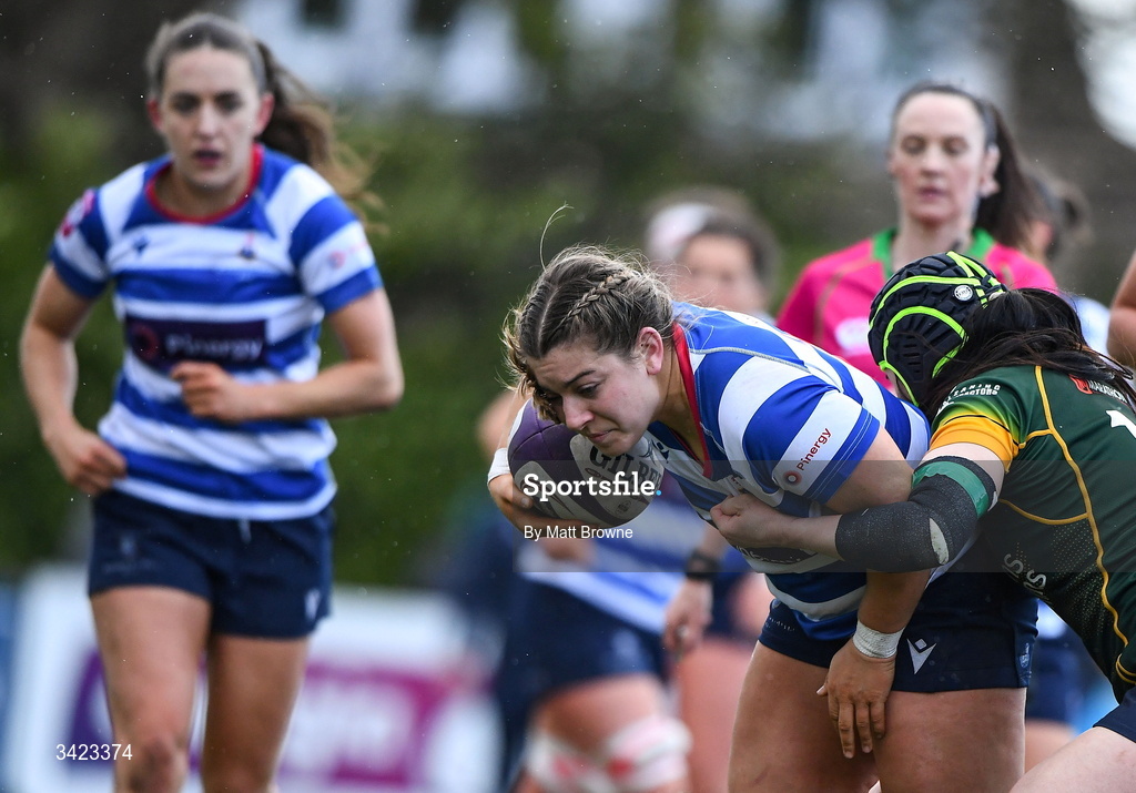 11 April 2026; Samantha Brackett of Blackrock College is tackled by Miyu Kojima of Railway Union during the Energia Women's All-Ireland League semi-final match between Blackrock College and Railway Union at Stradbrook Road in Dublin. Photo by Matt Browne/Sportsfile