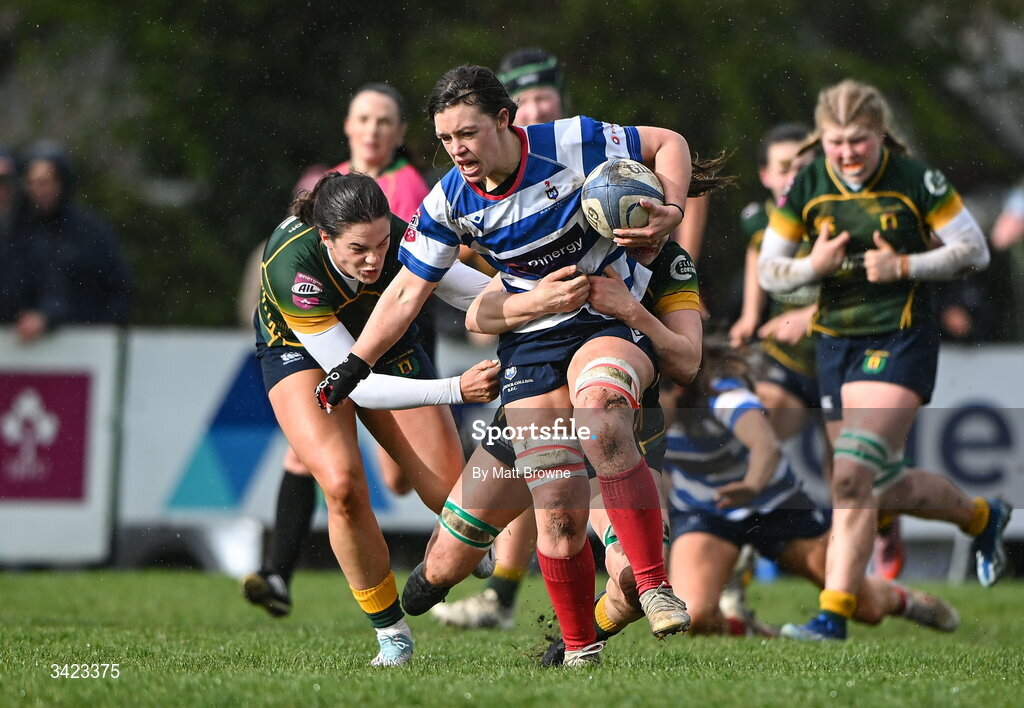 11 April 2026; Maeve Óg O'Leary of Blackrock College in action against Railway Union during the Energia Women's All-Ireland League semi-final match between Blackrock College and Railway Union at Stradbrook Road in Dublin. Photo by Matt Browne/Sportsfile