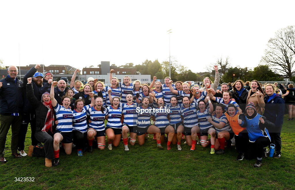 11 April 2026; Blackrock College players celebrate after the Energia Women's All-Ireland League semi-final match between Blackrock College and Railway Union at Stradbrook Road in Dublin. Photo by Matt Browne/Sportsfile
