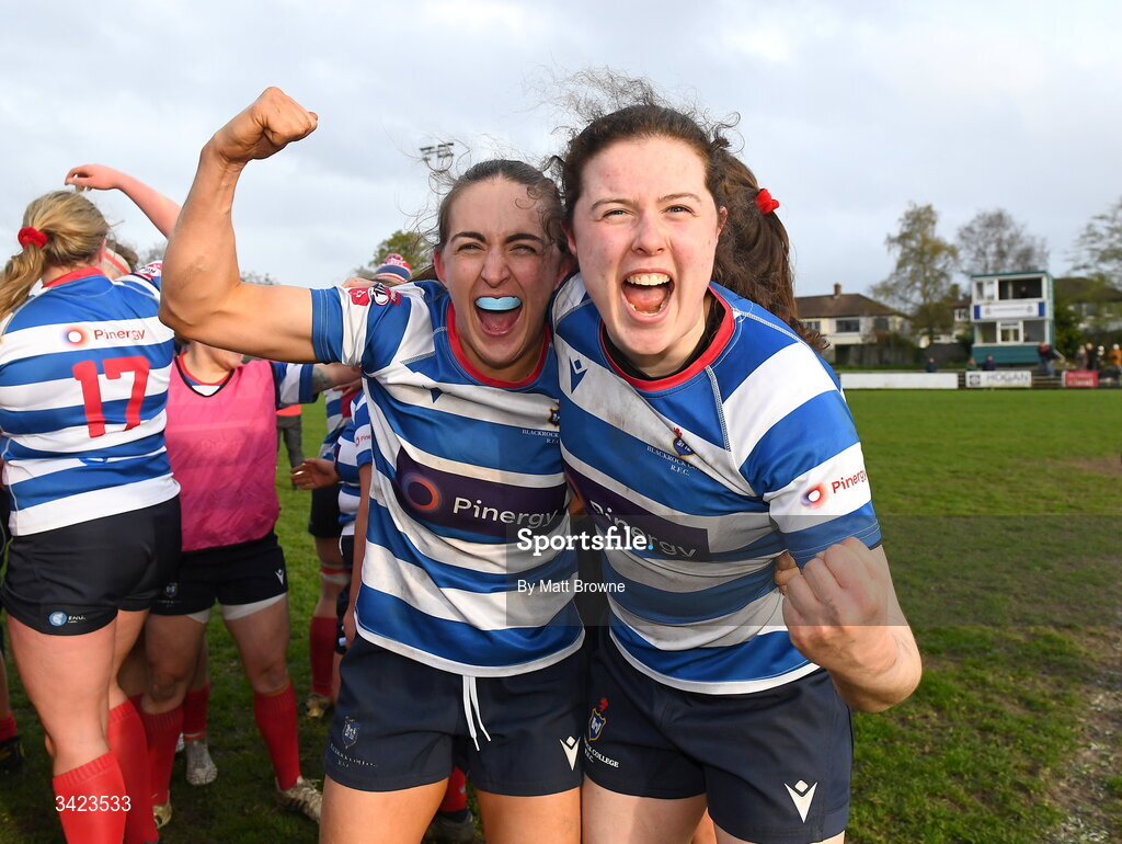 11 April 2026; Blackrock College players Lauren Farrell McCabe and Abby Moyles celebrate after the Energia Women's All-Ireland League semi-final match between Blackrock College and Railway Union at Stradbrook Road in Dublin. Photo by Matt Browne/Sportsfile