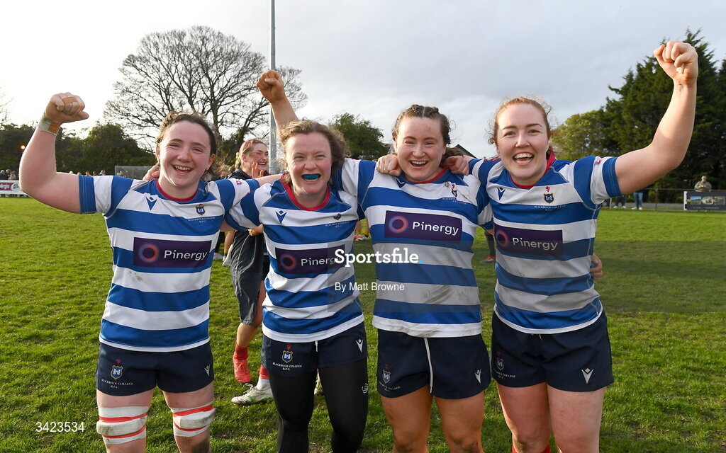 11 April 2026; Blackrock College players celebrate after the Energia Women's All-Ireland League semi-final match between Blackrock College and Railway Union at Stradbrook Road in Dublin. Photo by Matt Browne/Sportsfile