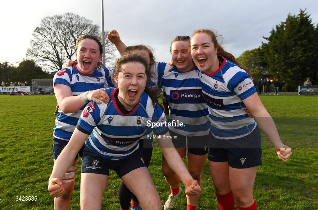 11 April 2026; Blackrock College players celebrate after the Energia Women's All-Ireland League semi-final match between Blackrock College and Railway Union at Stradbrook Road in Dublin. Photo by Matt Browne/Sportsfile