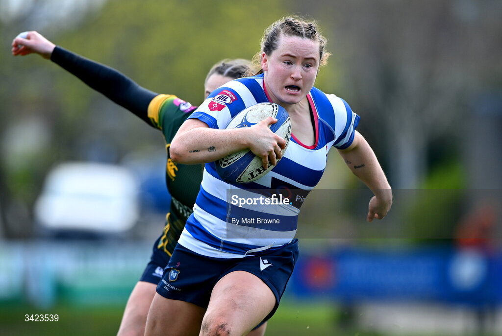 11 April 2026; Meabh Deely of Blackrock College is tackled by Sarah O'Donnell of Railway Union during the Energia Women's All-Ireland League semi-final match between Blackrock College and Railway Union at Stradbrook Road in Dublin. Photo by Matt Browne/Sportsfile