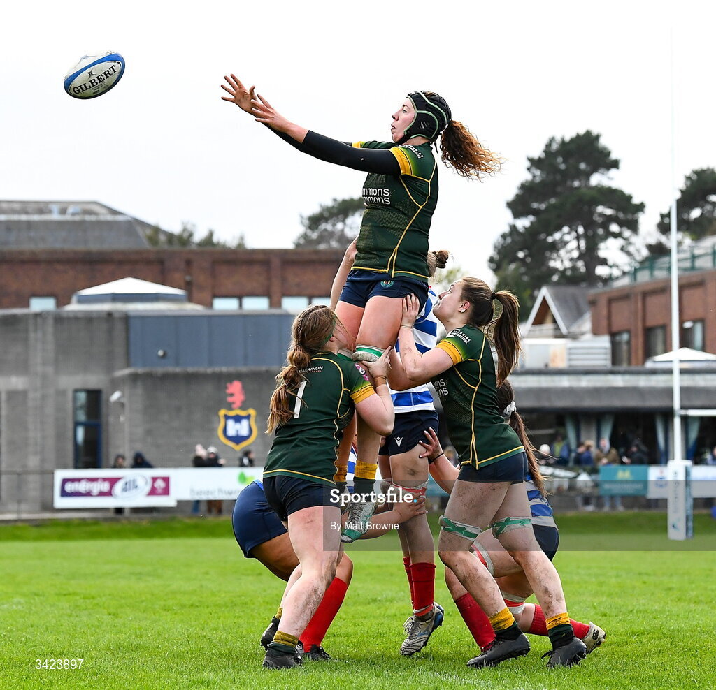 11 April 2026; Aoife McDermott of Railway Union takes the ball in the lineout against Blackrock College during the Energia Women's All-Ireland League semi-final match between Blackrock College and Railway Union at Stradbrook Road in Dublin. Photo by Matt Browne/Sportsfile
