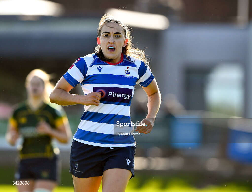 11 April 2026; Lauren Farrell McCabe of Blackrock College during the Energia Women's All-Ireland League semi-final match between Blackrock College and Railway Union at Stradbrook Road in Dublin. Photo by Matt Browne/Sportsfile