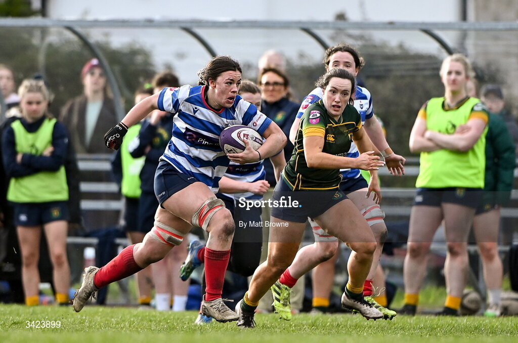 11 April 2026; Maeve Óg O'Leary of Blackrock College during the Energia Women's All-Ireland League semi-final match between Blackrock College and Railway Union at Stradbrook Road in Dublin. Photo by Matt Browne/Sportsfile