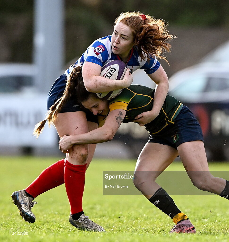 11 April 2026; Ella Durkan of Blackrock College in action against Railway Union during the Energia Women's All-Ireland League semi-final match between Blackrock College and Railway Union at Stradbrook Road in Dublin. Photo by Matt Browne/Sportsfile