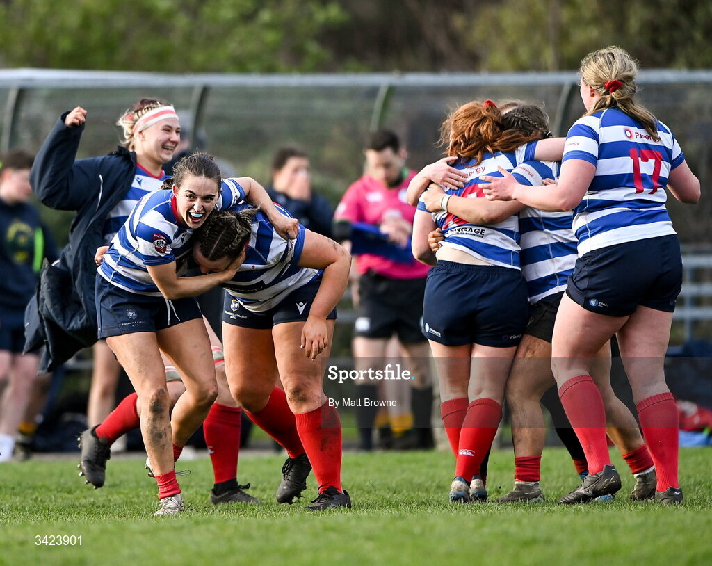 11 April 2026; Blackrock College players celebrate after the Energia Women's All-Ireland League semi-final match between Blackrock College and Railway Union at Stradbrook Road in Dublin. Photo by Matt Browne/Sportsfile