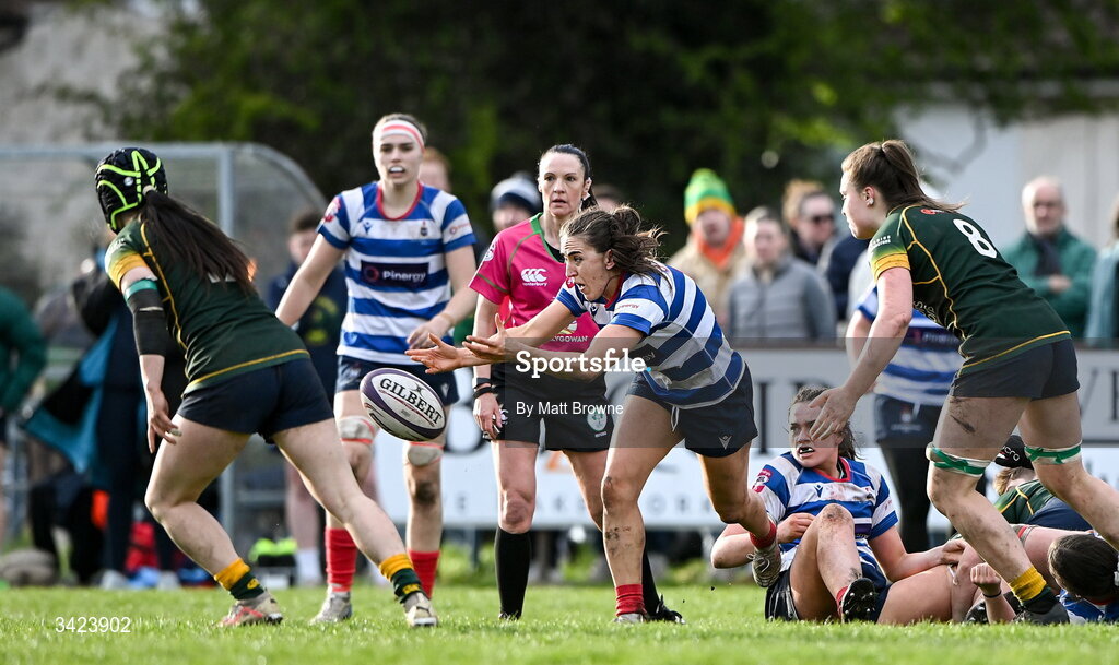 11 April 2026; Lauren Farrell McCabe of Blackrock College in action against Railway Union during the Energia Women's All-Ireland League semi-final match between Blackrock College and Railway Union at Stradbrook Road in Dublin. Photo by Matt Browne/Sportsfile
