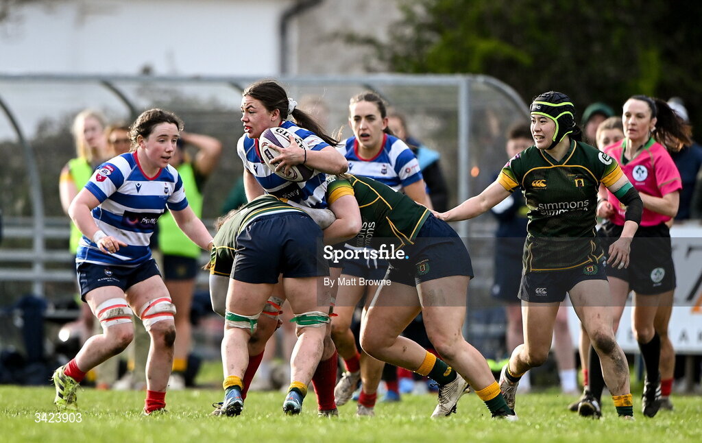 11 April 2026; Maeve Óg O'Leary of Blackrock College in action against Railway Union during the Energia Women's All-Ireland League semi-final match between Blackrock College and Railway Union at Stradbrook Road in Dublin. Photo by Matt Browne/Sportsfile