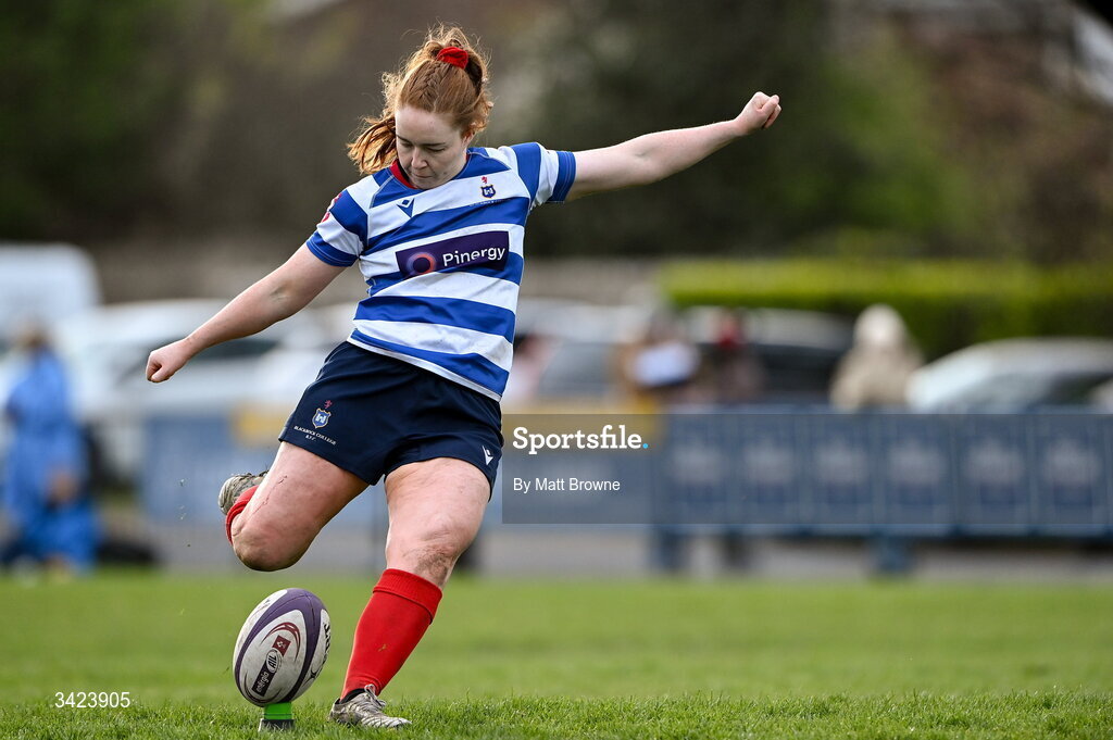 11 April 2026; Ella Durkan of Blackrock College kicks a penalty against Railway Union during the Energia Women's All-Ireland League semi-final match between Blackrock College and Railway Union at Stradbrook Road in Dublin. Photo by Matt Browne/Sportsfile