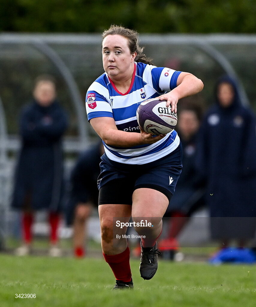 11 April 2026; Lisa Mullen of Blackrock College during the Energia Women's All-Ireland League semi-final match between Blackrock College and Railway Union at Stradbrook Road in Dublin. Photo by Matt Browne/Sportsfile