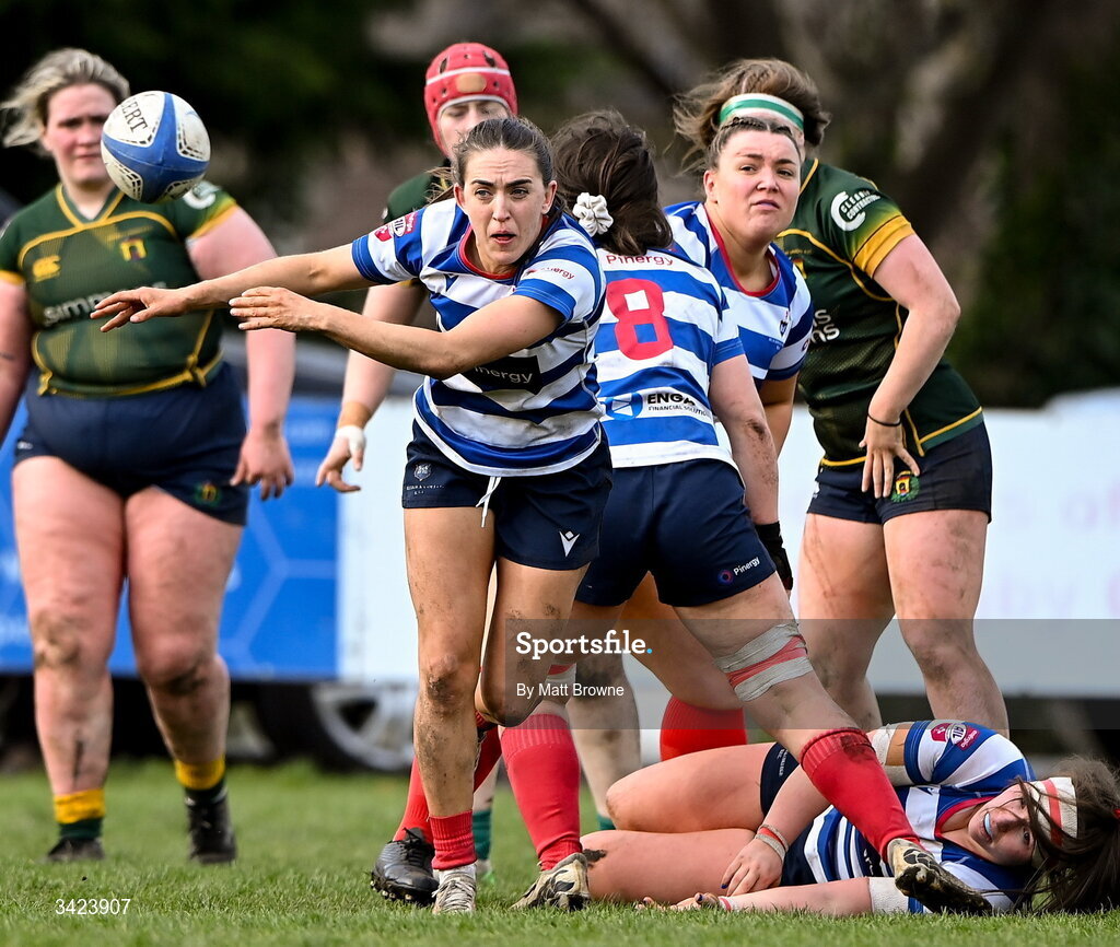 11 April 2026; Lauren Farrell McCabe of Blackrock College in action against Railway Union during the Energia Women's All-Ireland League semi-final match between Blackrock College and Railway Union at Stradbrook Road in Dublin. Photo by Matt Browne/Sportsfile