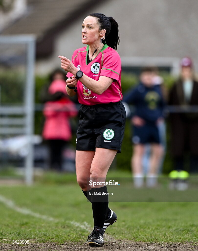 11 April 2026; Referee Siobhán Daly during the Energia Women's All-Ireland League semi-final match between Blackrock College and Railway Union at Stradbrook Road in Dublin. Photo by Matt Browne/Sportsfile