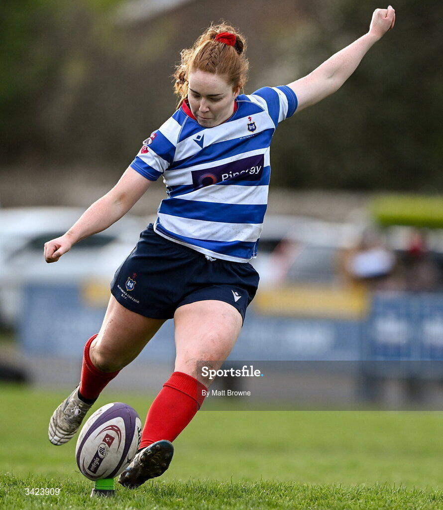 11 April 2026; Ella Durkan of Blackrock College kicks a penalty against Railway Union during the Energia Women's All-Ireland League semi-final match between Blackrock College and Railway Union at Stradbrook Road in Dublin. Photo by Matt Browne/Sportsfile