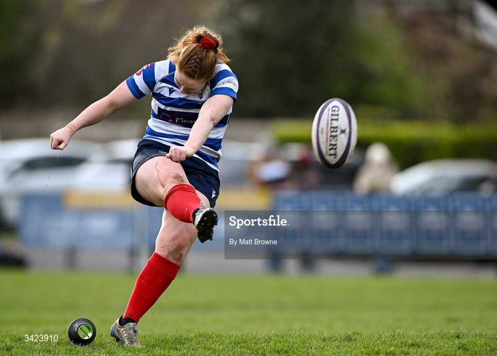11 April 2026; Ella Durkan of Blackrock College kicks a penalty against Railway Union during the Energia Women's All-Ireland League semi-final match between Blackrock College and Railway Union at Stradbrook Road in Dublin. Photo by Matt Browne/Sportsfile