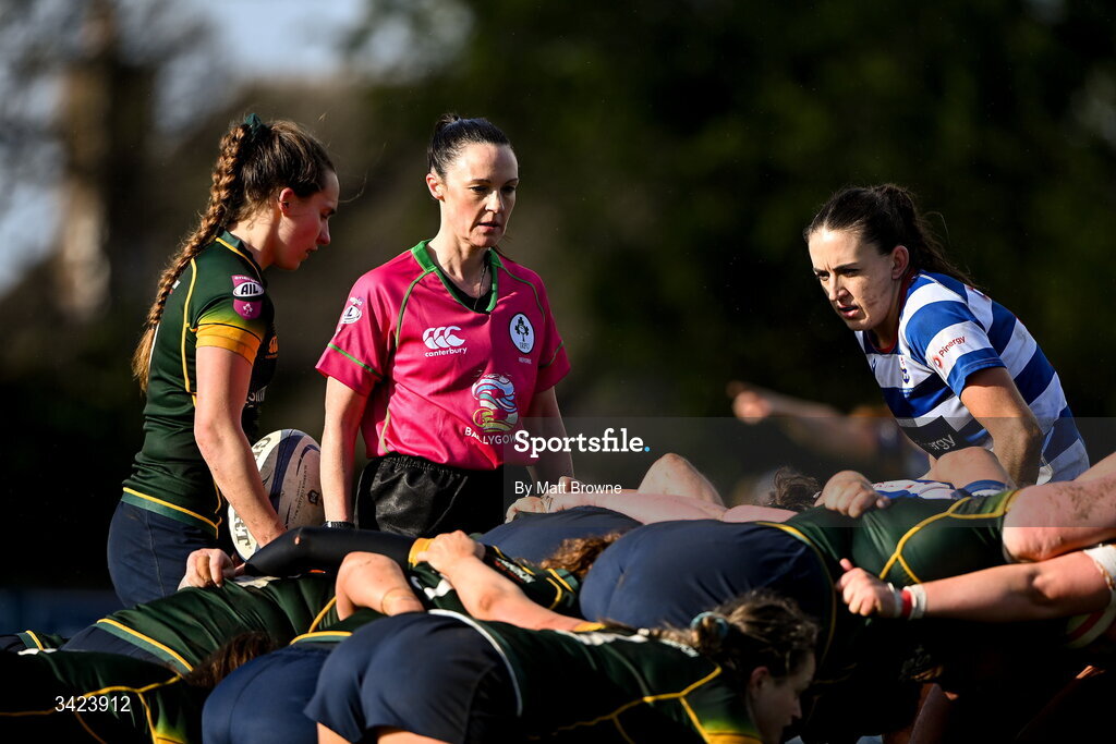 11 April 2026; Referee Siobhán Daly during the Energia Women's All-Ireland League semi-final match between Blackrock College and Railway Union at Stradbrook Road in Dublin. Photo by Matt Browne/Sportsfile