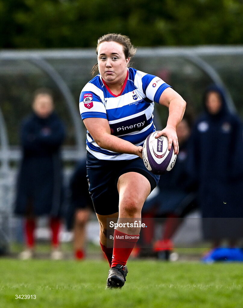 11 April 2026; Lisa Mullen of Blackrock College during the Energia Women's All-Ireland League semi-final match between Blackrock College and Railway Union at Stradbrook Road in Dublin. Photo by Matt Browne/Sportsfile