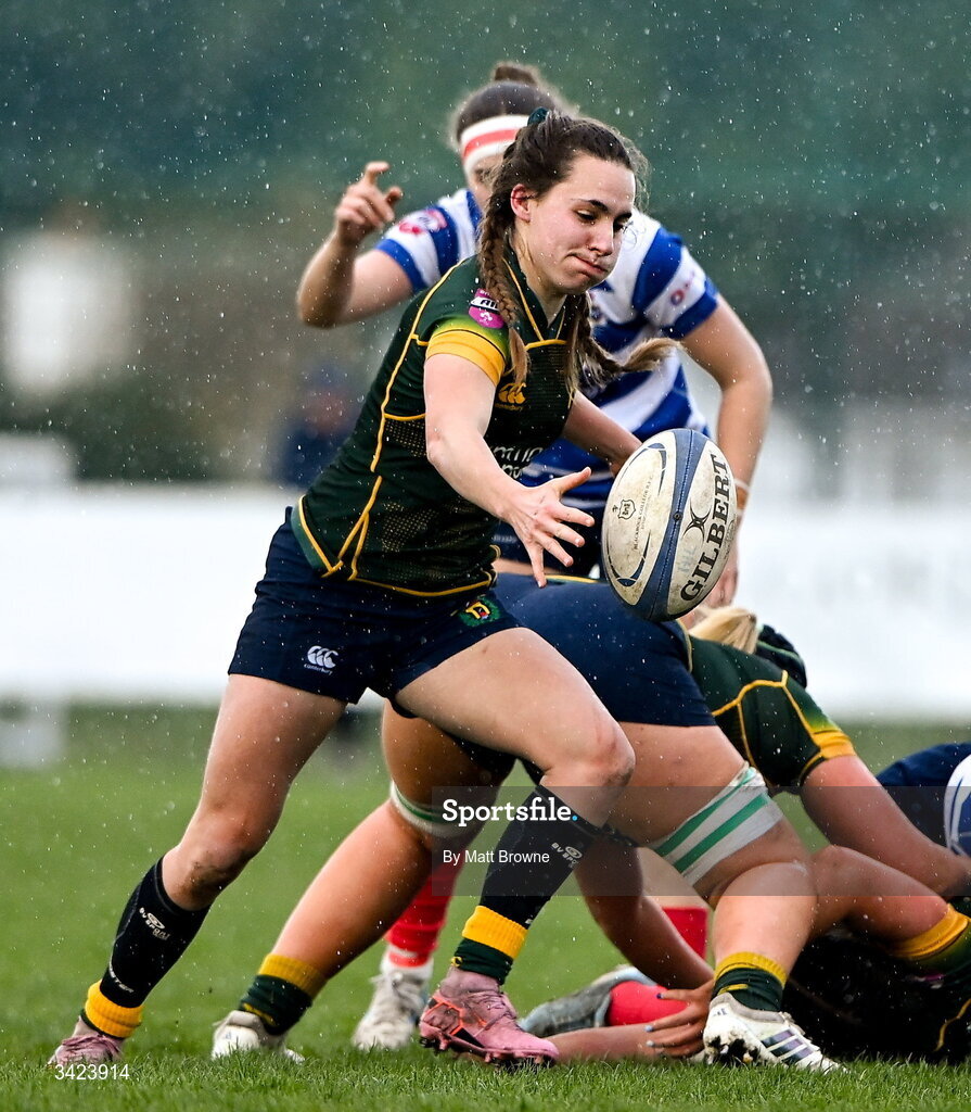 11 April 2026; Chloe Ponthus of Railway Union in action against Blackrock College during the Energia Women's All-Ireland League semi-final match between Blackrock College and Railway Union at Stradbrook Road in Dublin. Photo by Matt Browne/Sportsfile