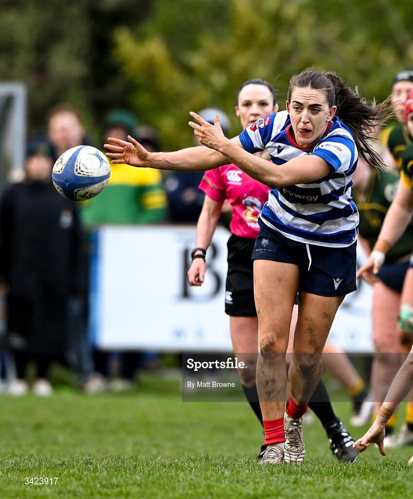 11 April 2026; Lauren Farrell McCabe of Blackrock College in action against Railway Union during the Energia Women's All-Ireland League semi-final match between Blackrock College and Railway Union at Stradbrook Road in Dublin. Photo by Matt Browne/Sportsfile