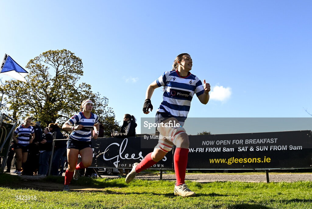11 April 2026; Maeve Óg O'Leary captain of Blackrock College leads her team-mates out before the Energia Women's All-Ireland League semi-final match between Blackrock College and Railway Union at Stradbrook Road in Dublin. Photo by Matt Browne/Sportsfile