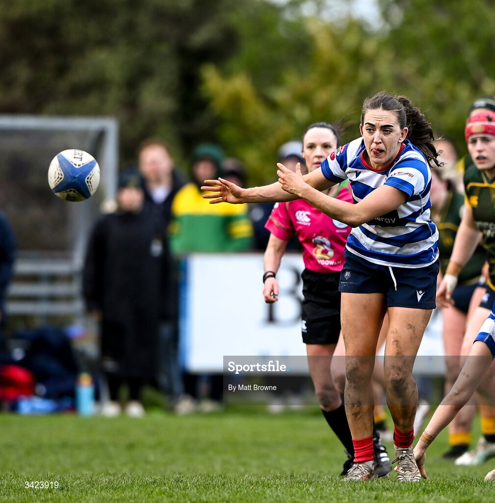11 April 2026; Lauren Farrell McCabe of Blackrock College in action against Railway Union during the Energia Women's All-Ireland League semi-final match between Blackrock College and Railway Union at Stradbrook Road in Dublin. Photo by Matt Browne/Sportsfile