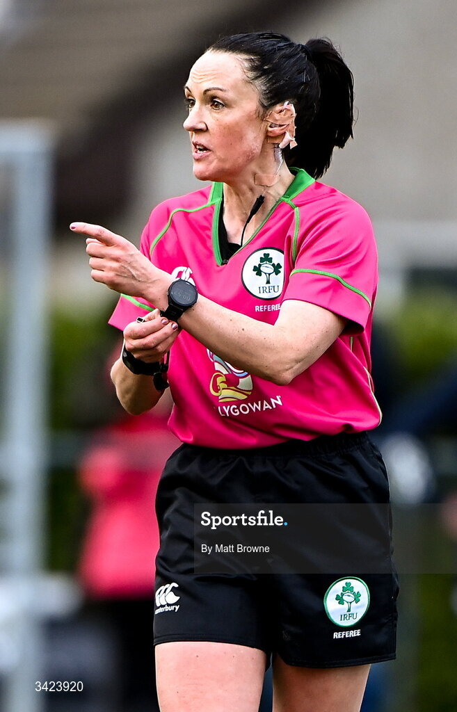 11 April 2026; Referee Siobhán Daly during the Energia Women's All-Ireland League semi-final match between Blackrock College and Railway Union at Stradbrook Road in Dublin. Photo by Matt Browne/Sportsfile
