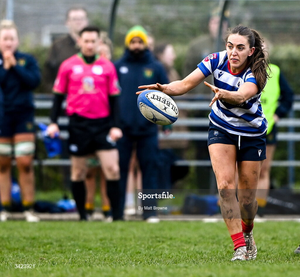 11 April 2026; Lauren Farrell McCabe of Blackrock College in action against Railway Union during the Energia Women's All-Ireland League semi-final match between Blackrock College and Railway Union at Stradbrook Road in Dublin. Photo by Matt Browne/Sportsfile