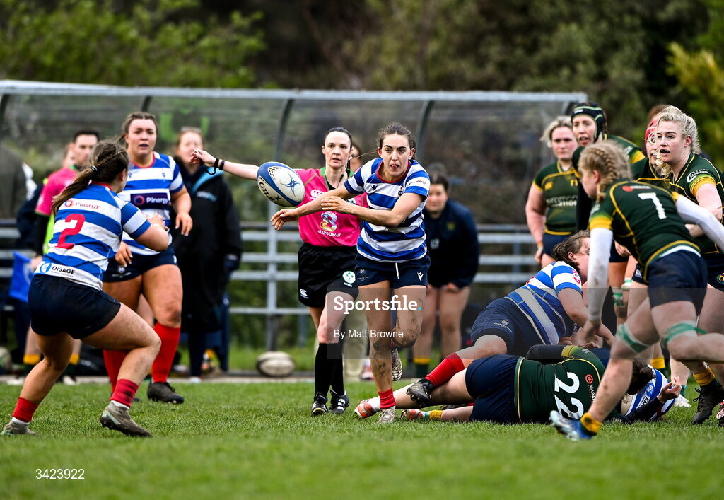 11 April 2026; Lauren Farrell McCabe of Blackrock College in action against Railway Union during the Energia Women's All-Ireland League semi-final match between Blackrock College and Railway Union at Stradbrook Road in Dublin. Photo by Matt Browne/Sportsfile