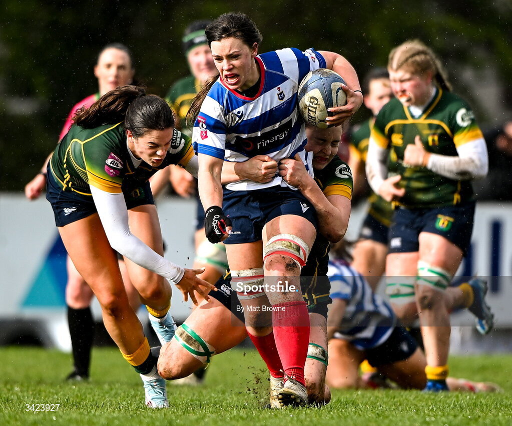 11 April 2026; Maeve Óg O'Leary of Blackrock College in action against Railway Union during the Energia Women's All-Ireland League semi-final match between Blackrock College and Railway Union at Stradbrook Road in Dublin. Photo by Matt Browne/Sportsfile