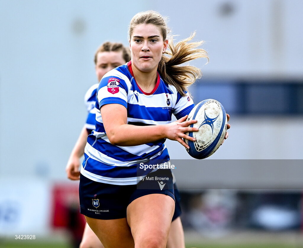 11 April 2026; Cara Martin of Blackrock College during the Energia Women's All-Ireland League semi-final match between Blackrock College and Railway Union at Stradbrook Road in Dublin. Photo by Matt Browne/Sportsfile