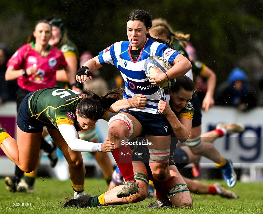 11 April 2026; Maeve Óg O'Leary of Blackrock College in action against Railway Union during the Energia Women's All-Ireland League semi-final match between Blackrock College and Railway Union at Stradbrook Road in Dublin. Photo by Matt Browne/Sportsfile