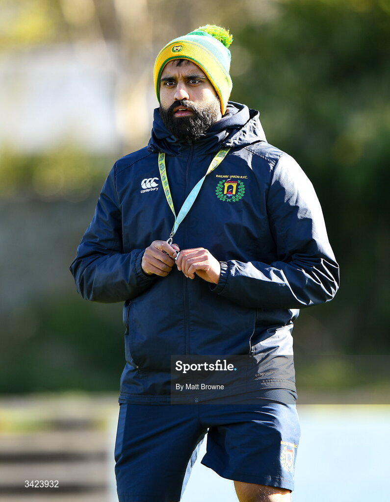 11 April 2026; Railway Union head coach Sanathan Govender during the Energia Women's All-Ireland League semi-final match between Blackrock College and Railway Union at Stradbrook Road in Dublin. Photo by Matt Browne/Sportsfile