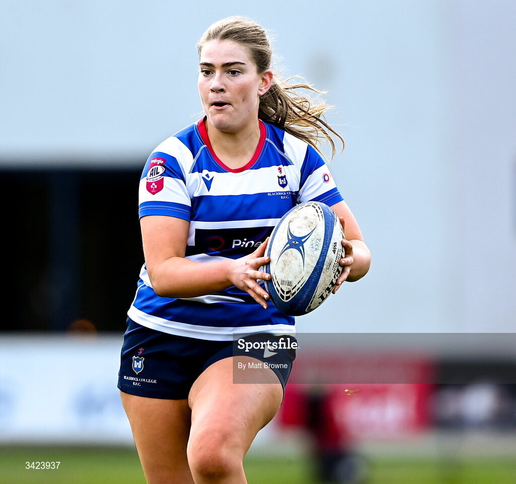11 April 2026; Cara Martin of Blackrock College during the Energia Women's All-Ireland League semi-final match between Blackrock College and Railway Union at Stradbrook Road in Dublin. Photo by Matt Browne/Sportsfile