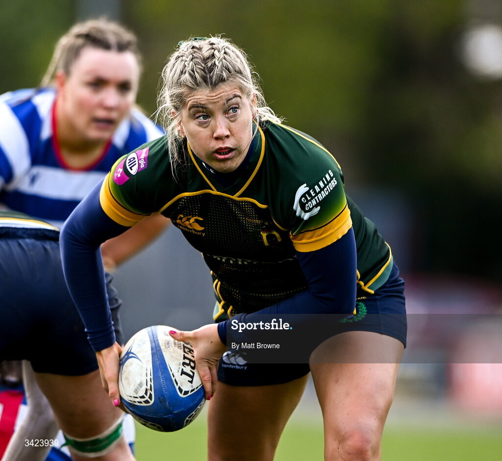 11 April 2026; Ailsa Hughes of Railway Union during the Energia Women's All-Ireland League semi-final match between Blackrock College and Railway Union at Stradbrook Road in Dublin. Photo by Matt Browne/Sportsfile