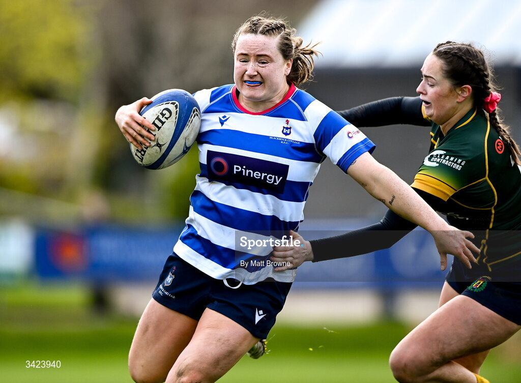 11 April 2026; Meabh Deely of Blackrock College is tackled by Sarah O'Donnell of Railway Union during the Energia Women's All-Ireland League semi-final match between Blackrock College and Railway Union at Stradbrook Road in Dublin. Photo by Matt Browne/Sportsfile