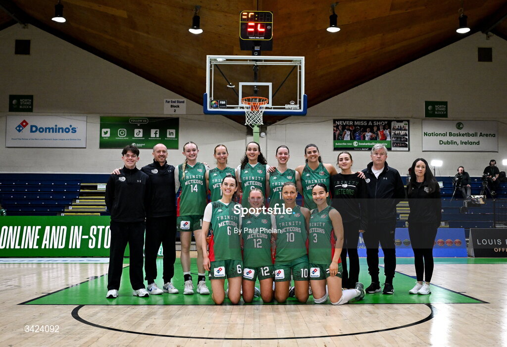 12 April 2026; Trinity Meteors squad photo before the Basketball Ireland Women's Superleague final match between Trinity Meteors and UCC Glanmire at the National Basketball Arena in Tallaght, Dublin. Photo by Paul Phelan/Sportsfile