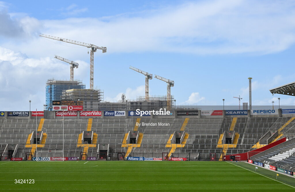 12 April 2026; A general view of the stadium as construction takes place in the 'Showgrounds' nearby before the Munster GAA Football Senior Championship quarter-final match between Cork and Limerick at SuperValu Páirc Uí Chaoimh in Cork. Photo by Brendan Moran/Sportsfile