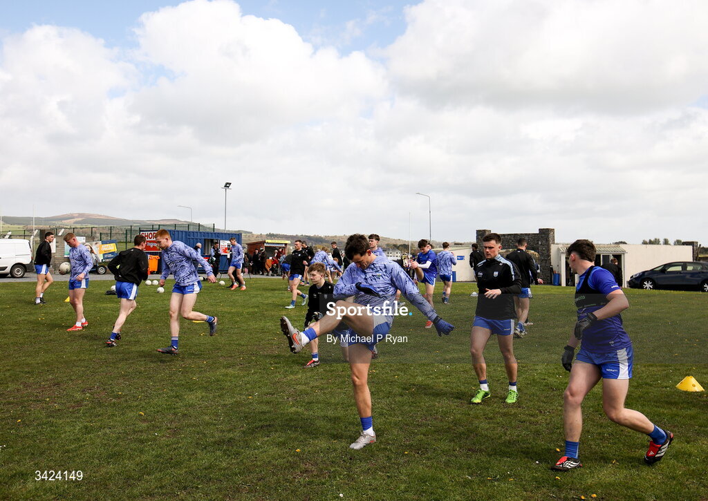 12 April 2026; Waterford players warm up before the Munster GAA Football Senior Championship quarter-final match between Waterford and Tipperary at Cappoquin Logistics Fraher Field in Waterford. Photo by Michael P Ryan/Sportsfile