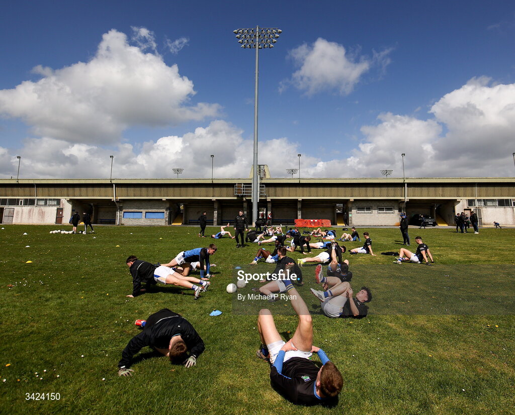12 April 2026; Tipperary players warm up before the Munster GAA Football Senior Championship quarter-final match between Waterford and Tipperary at Cappoquin Logistics Fraher Field in Waterford. Photo by Michael P Ryan/Sportsfile