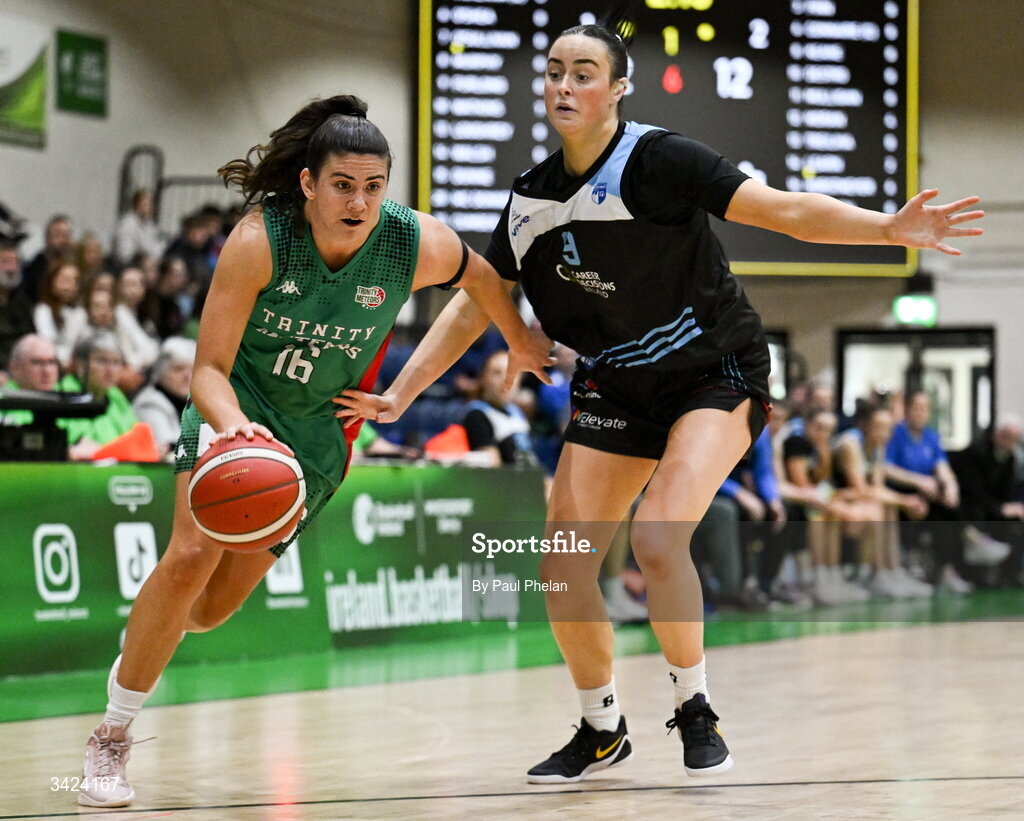12 April 2026; Kylie Horstmeyer of Trinity Meteors in action against Mia Furlong of UCC Glanmire during the Basketball Ireland Women's Superleague final match between Trinity Meteors and UCC Glanmire at the National Basketball Arena in Tallaght, Dublin. Photo by Paul Phelan/Sportsfile